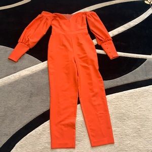ASOS off the shoulder orange jumpsuit sweetheart neckline